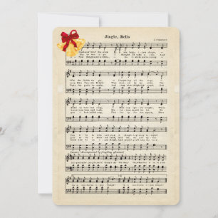 Jingle Bells Vintage Sheet Music, Gold Bells Red Holiday Card