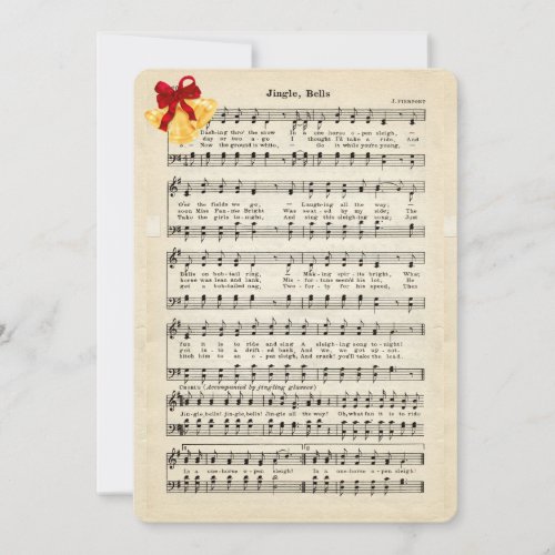 Jingle Bells Vintage Sheet Music Gold Bells Red Holiday Card