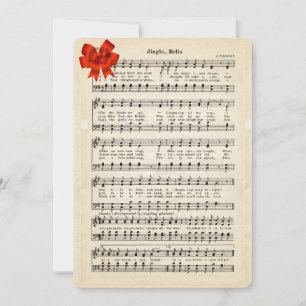 Jingle Bells Vintage Sheet Music, Red Satin Bow Holiday Card