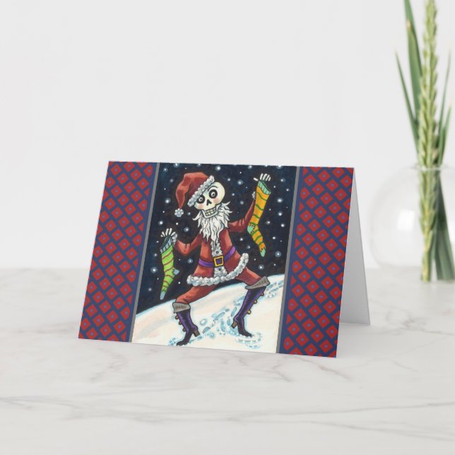 JINGLE BONES SANTA, CHRISTMAS SKELETON & STOCKINGS HOLIDAY CARD (Front)