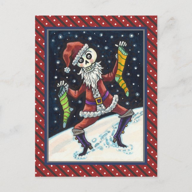 JINGLE BONES SANTA, HOLIDAY SKELETON & STOCKINGS POSTCARD (Front)