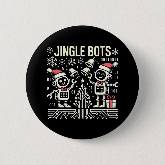Jingle Bots Festive Holiday Robots with Santa Hats Button (Front)