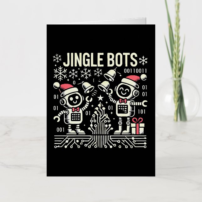 Jingle Bots Festive Holiday Robots with Santa Hats Foil Greeting Card (Front)