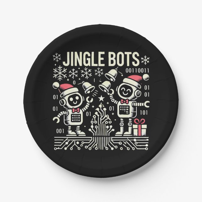 Jingle Bots Festive Holiday Robots with Santa Hats Paper Plates (Front)