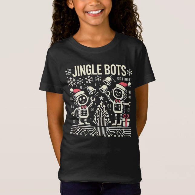 Jingle Bots Festive Holiday Robots with Santa Hats T-Shirt (Front)