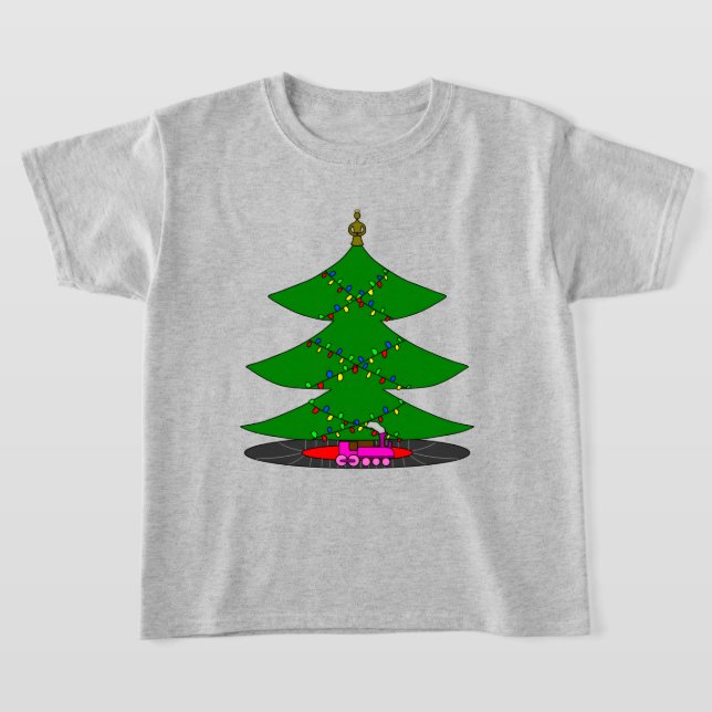 Jingle Claws Whimsical Christmas Tree & Train  T-Shirt (Laydown)