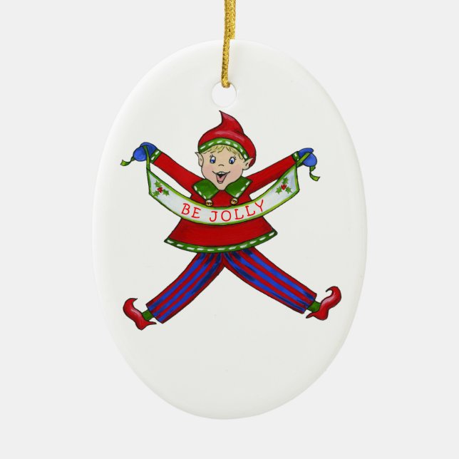 Jingle Elves "Jolly" Ceramic Ornament (Front)