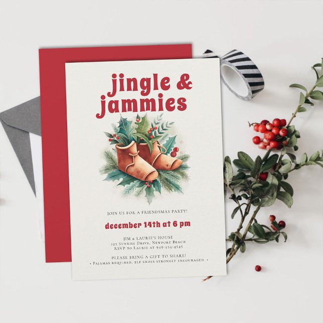 Jingle Jammies PJ Elf Friendsmas Christmas Party Invitation (friendsmas christmas party invitation funny jingle jammies pj slumber sleepover elf slippers )