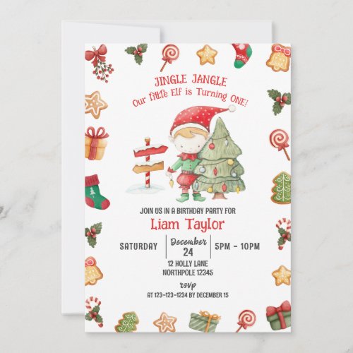 Jingle Jangle Little Elf Christmas 1st Birthday Invitation