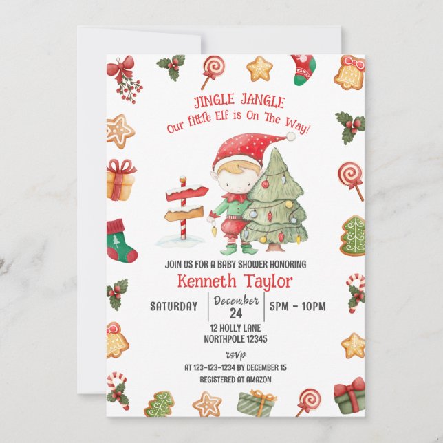 Jingle Jangle Little Elf, Christmas Baby Shower Invitation (Front)
