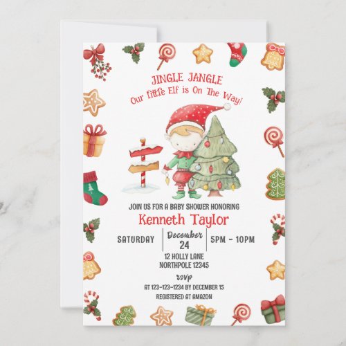 Jingle Jangle Little Elf Christmas Baby Shower Invitation