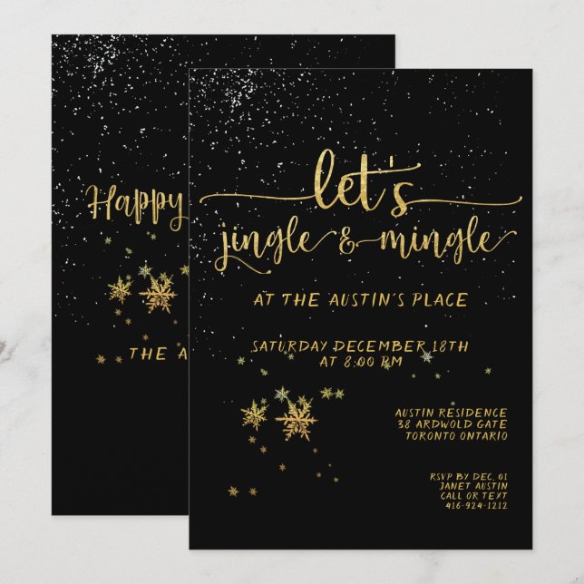 Jingle Mingle Black Gold Calligraphy Holiday Party Invitation (Front/Back)