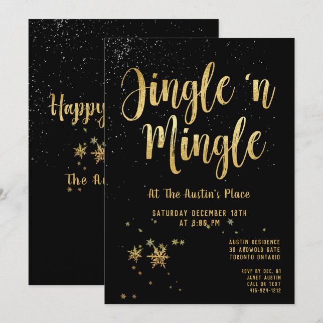 Jingle Mingle Black Gold Calligraphy Holiday Party Invitation (Front/Back)
