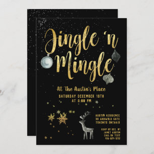 Jingle Mingle Black Gold Calligraphy Holiday Party Invitation