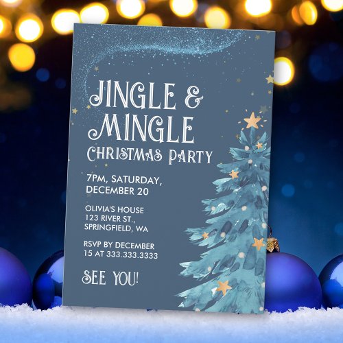 Jingle  Mingle Blue Gold Christmas Party Invitation