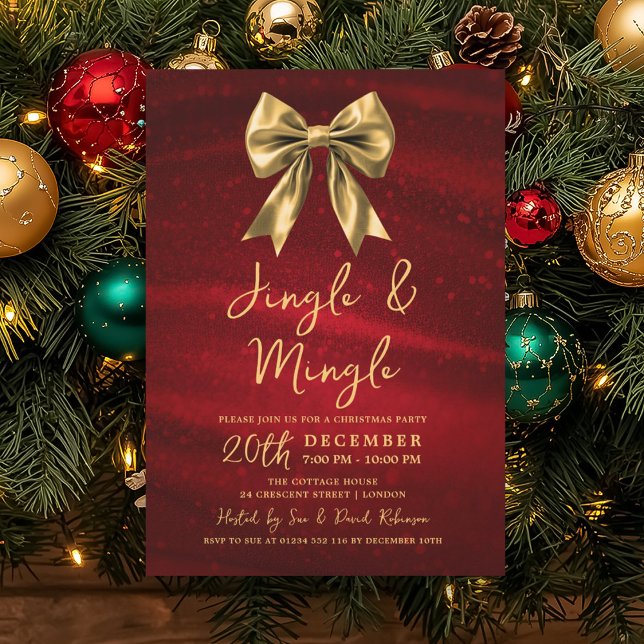 Jingle Mingle Christmas Party Gold Bow Silver Red Invitation (Jingle Mingle Christmas Party Gold Bow Silver Red Invitation)