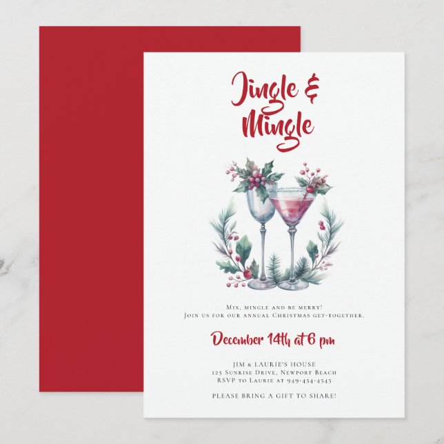 Jingle Mingle Cocktail Wreath Red Christmas Party Invitation (Front/Back)
