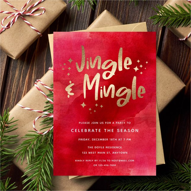 Jingle & Mingle Faux Gold Foil Red | Holiday Party Invitation (Creator Uploaded)