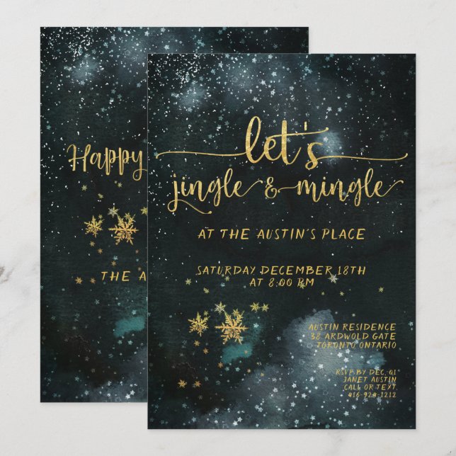 Jingle & Mingle Gold Calligraphy Holiday Party Invitation (Front/Back)