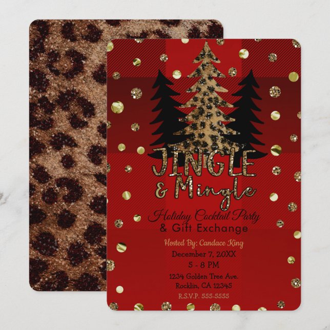 Jingle & Mingle Gold Glam Leopard Christmas Party Invitation (Front/Back)