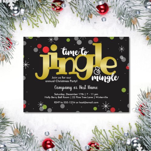 Jingle  Mingle Gold Red and Green Christmas Party Invitation