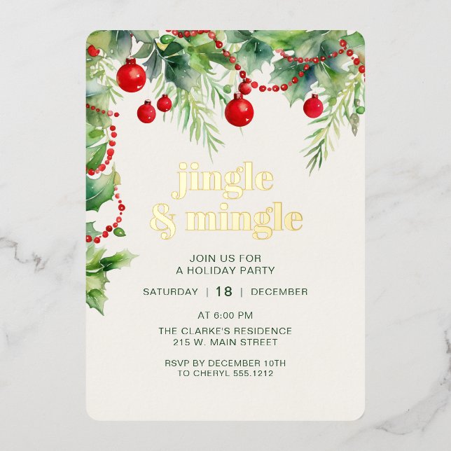 Jingle Mingle Holiday Christmas Party Foil Invitation (Front)