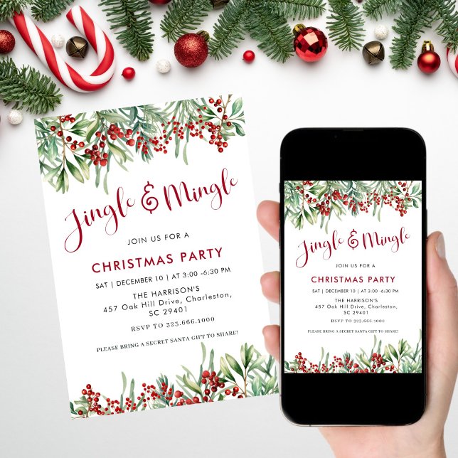 Jingle & Mingle Holiday Greenery Christmas Party Invitation (Creator Uploaded)