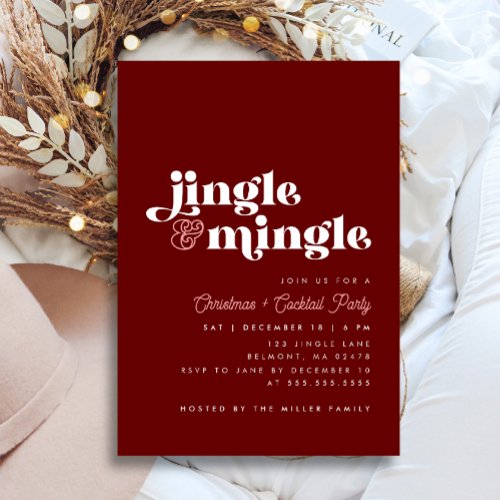 Jingle Mingle Modern Maroon Holiday Cocktail Party Invitation