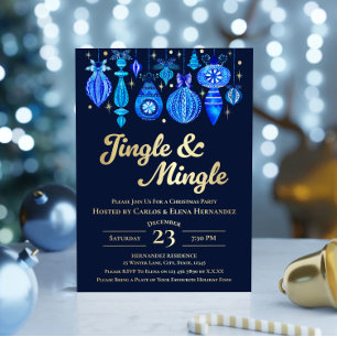 Jingle & Mingle Navy Christmas Baubles Watercolor Foil Invitation