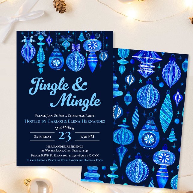 Jingle & Mingle Navy Christmas Baubles Watercolor Invitation (Jingle & Mingle Navy Christmas Baubles Watercolor Invitation)
