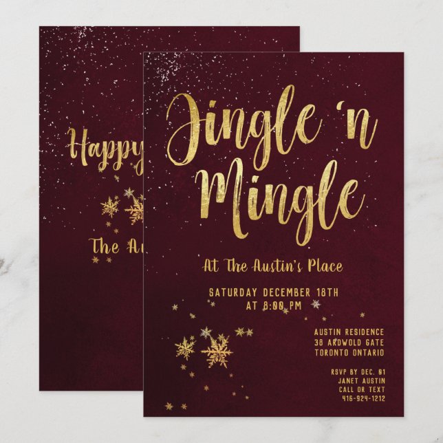 Jingle Mingle Red Gold Calligraphy Holiday Party Invitation (Front/Back)