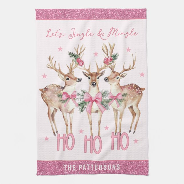Jingle Mingle Reindeer Custom Name Gift Kitchen Towel (Vertical)