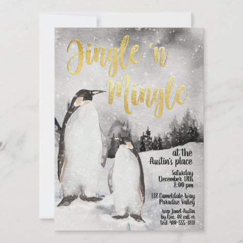 Jingle  Mingle Watercolor Penguins Party Invite