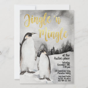 Jingle & Mingle Watercolor Penguins Party Invite