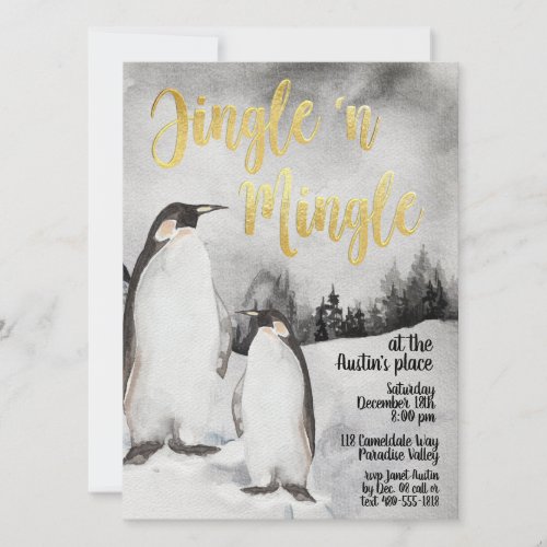 Jingle  Mingle Watercolor Penguins Party Invite