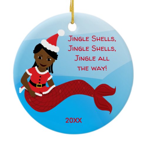 Jingle Shells Mermaid African American Santa Hat Ceramic Ornament