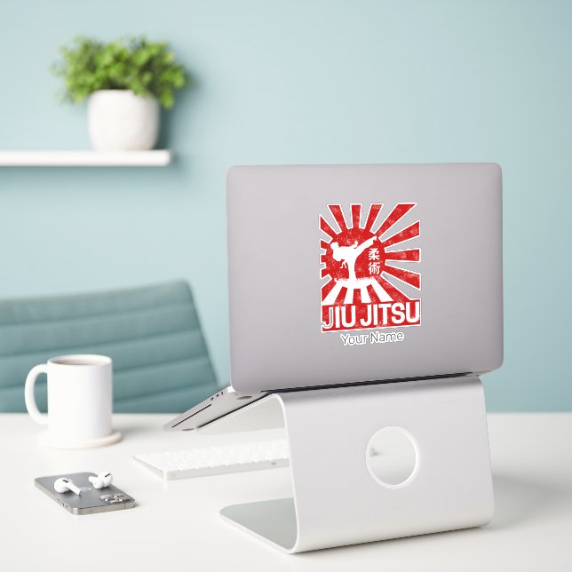 Jiu Jitsu Fighter Japanese Vintage Martial Arts Sticker (Laptop On Desk)