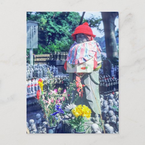 Jizo monk statue with bib and hat _ Japan Postcard