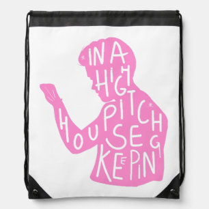 JJs silhouette housekeeping quote  in pastel pink  Drawstring Bag