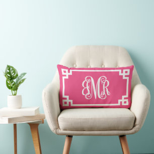 JMR Hot Pink Greek Key Script Monogram Lumbar Pillow