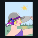 Joanne - Art Deco Portrait in Purple & Blue Poster<br><div class="desc">The lovely blonde Joanne at the waterfront. She wears a purple dress and poses against a hazy backdrop of dusty sea green water, pale blue sky and distant buildings in soft sage green. Her gray hat is adorned with a band of purple and flowers in bright shades of purples, pinks,...</div>