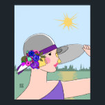 Joanne - Art Deco Portrait in Purple & Blue Poster<br><div class="desc">The lovely blonde Joanne at the waterfront. She wears a purple dress and poses against a hazy backdrop of dusty sea green water, pale blue sky and distant buildings in soft sage green. Her gray hat is adorned with a band of purple and flowers in bright shades of purples, pinks,...</div>