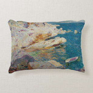 Joaquin Sorolla-Rocks of Javea and the White Boat Decorative Pillow