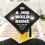 Job Weld Done Welding School Welder Torch & Sparks Graduation Cap Topper<br><div class="desc">Add a stylish personalized touch to a welding school commencement ceremony with a custom graduation cap topper. All wording on this template is simple to customize or delete, including funny quote that reads "A Job Weld Done." The black and white design features a welding torch with sparks, a faux stainless...</div>