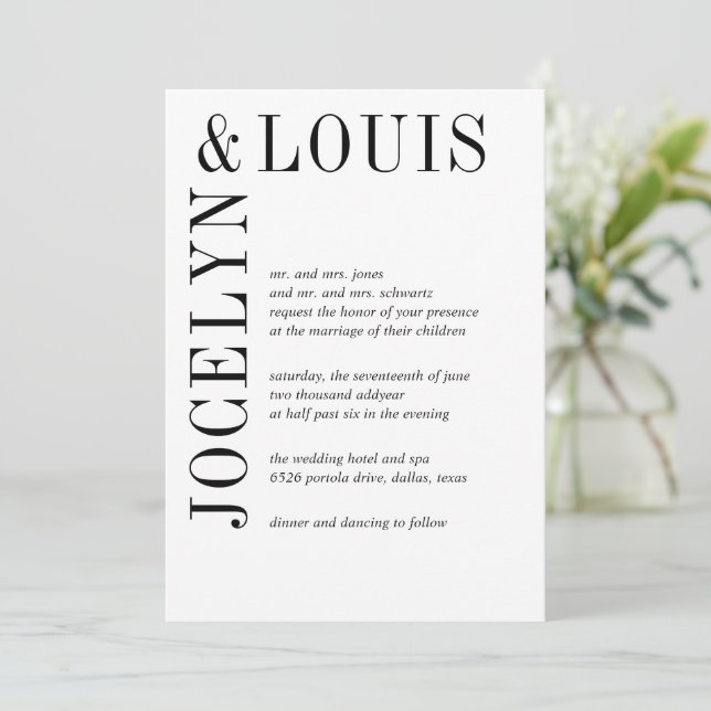 Jocelyn Black and White Modern Wedding Invitation (Standing Front)
