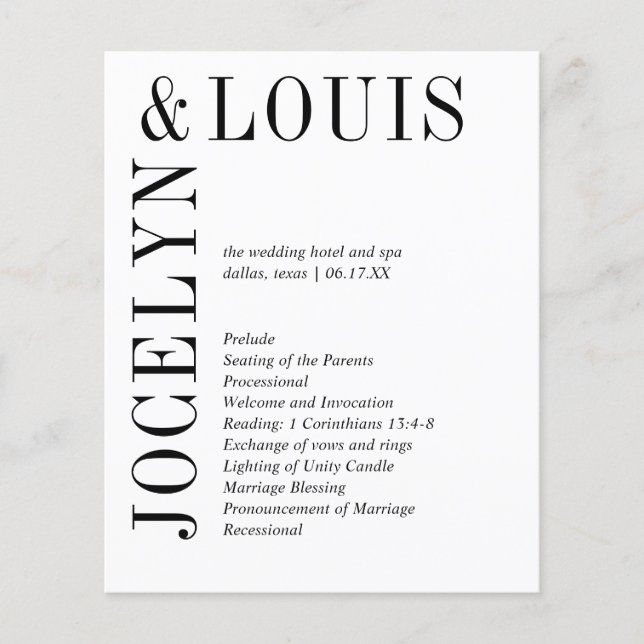 Jocelyn Black and White Modern Wedding Program Flyer (Front)