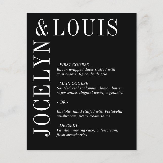 Jocelyn Black Modern Wedding Menu Flyer (Front)