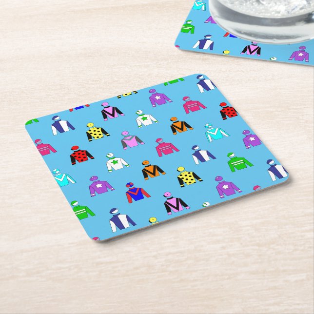 Jockey Silks Pattern on Bright Blue Square Paper Coaster (Angled)