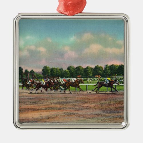 Jockeys Finishing Horse Race at Race Track Metal Ornament