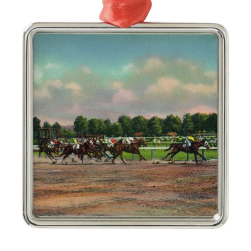 Jockeys Finishing Horse Race at Race Track Metal Ornament